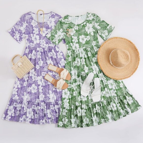 Women's Summer 2025 Casual Short Sleeve Tiered Flowy Spring Dress Long Midi Beac - Picture 5 of 5